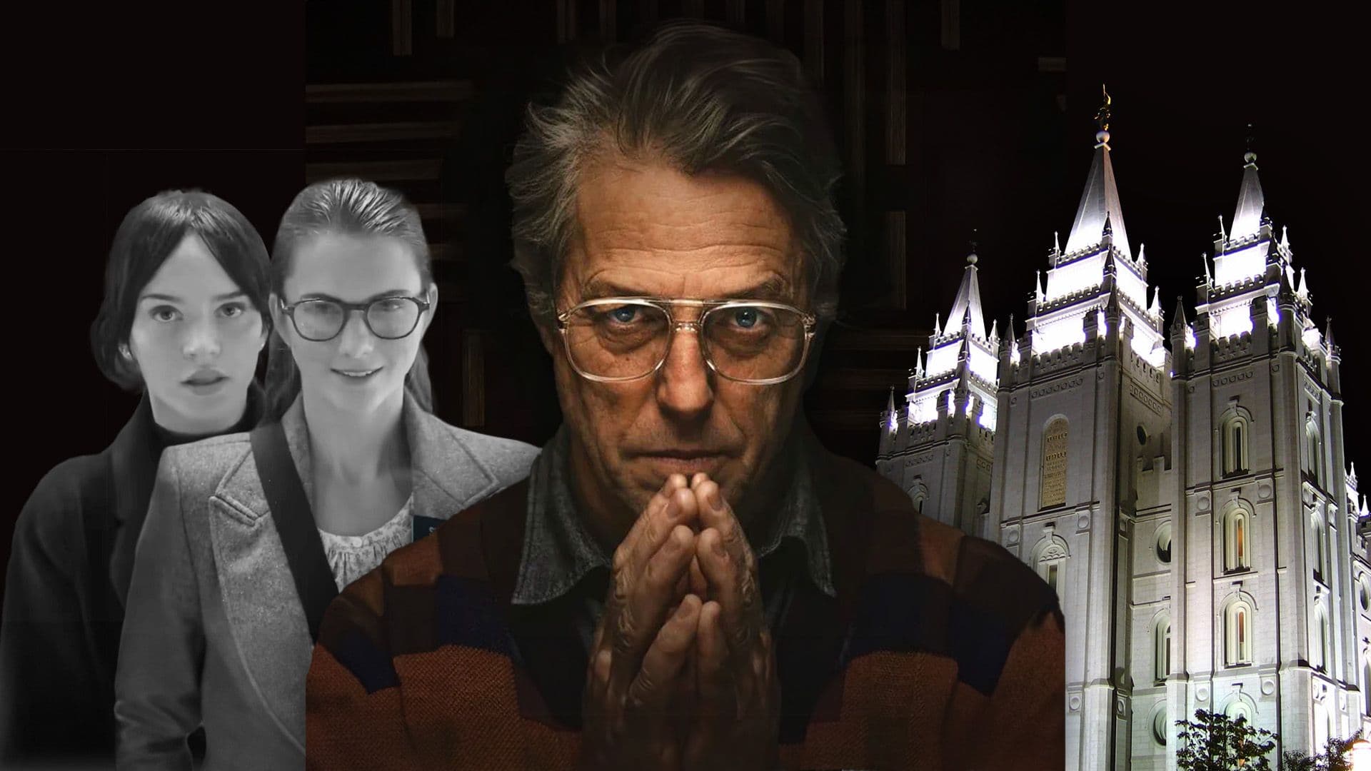 Imagen de Sophie Thatcher como la hermana Barnes, Chloe East como la hermana Paxton y Hugh Grant como el señor Reed en la película Hereje.